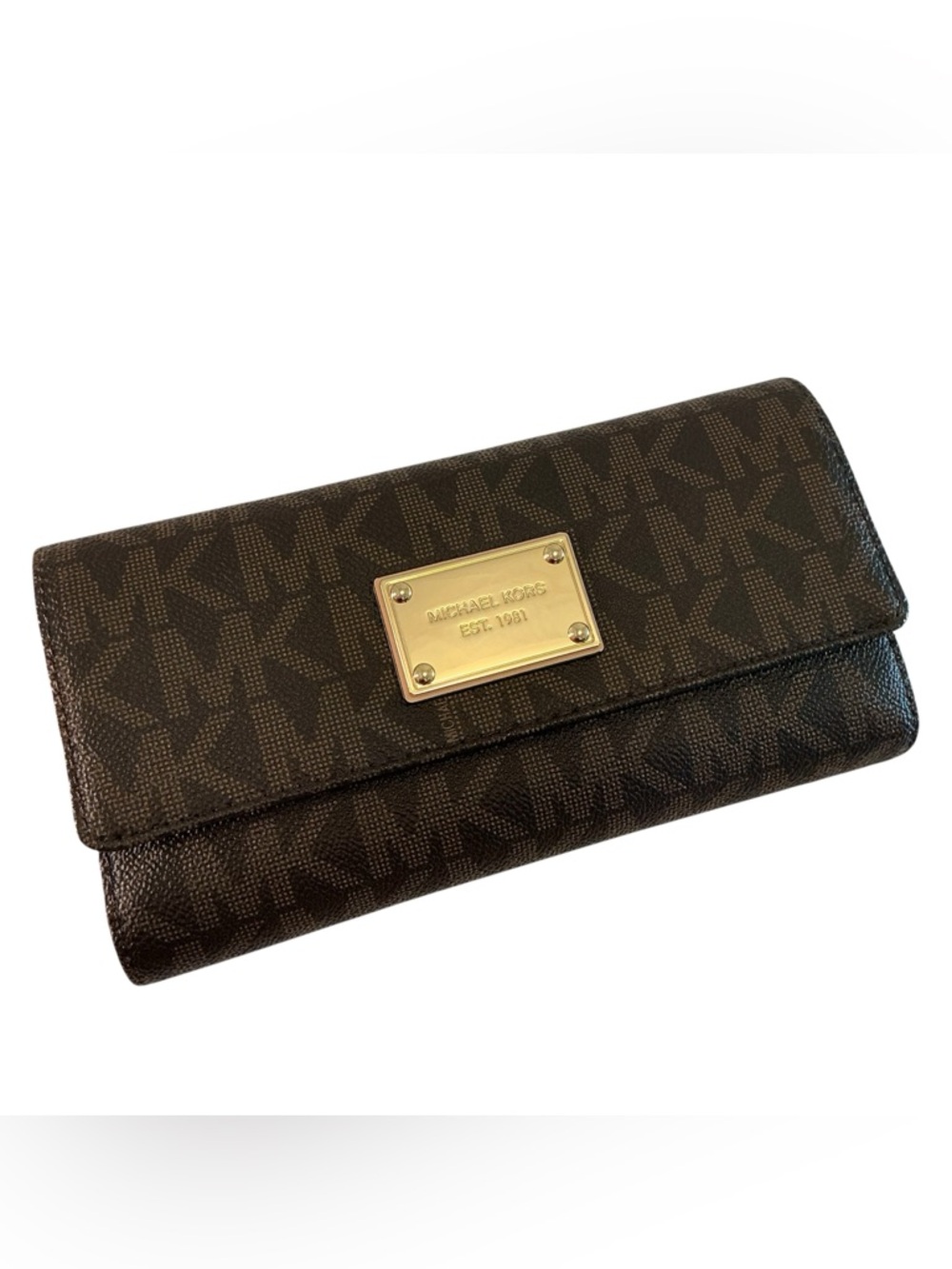 Michael Kors Jet Set Large Trifold MK Logo Wallet w/removable Checkbook Brown
